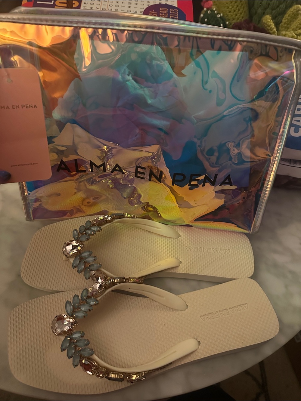 Cream Jeweled Women's Sandal - Embellished Thong